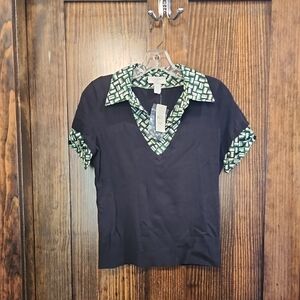 LOFT Black Shirt with Green Geometric Pattern